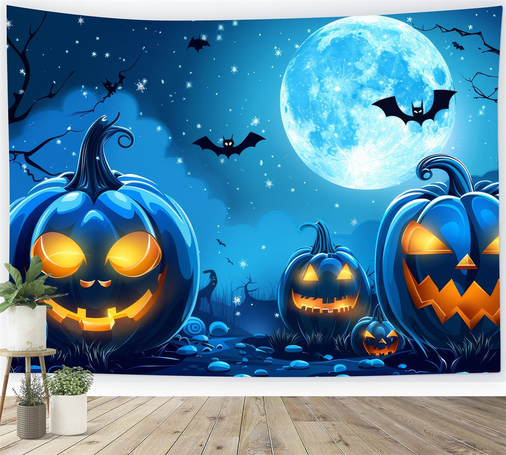 Toile de Fond Lune Bleue et Citrouilles d'Halloween BRP8-174