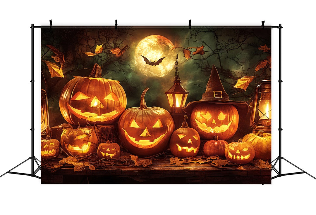 Toile de Fond Lune d'Halloween et Visages de Citrouilles BRP8-176