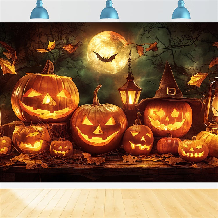 Toile de Fond Lune d'Halloween et Visages de Citrouilles BRP8-176