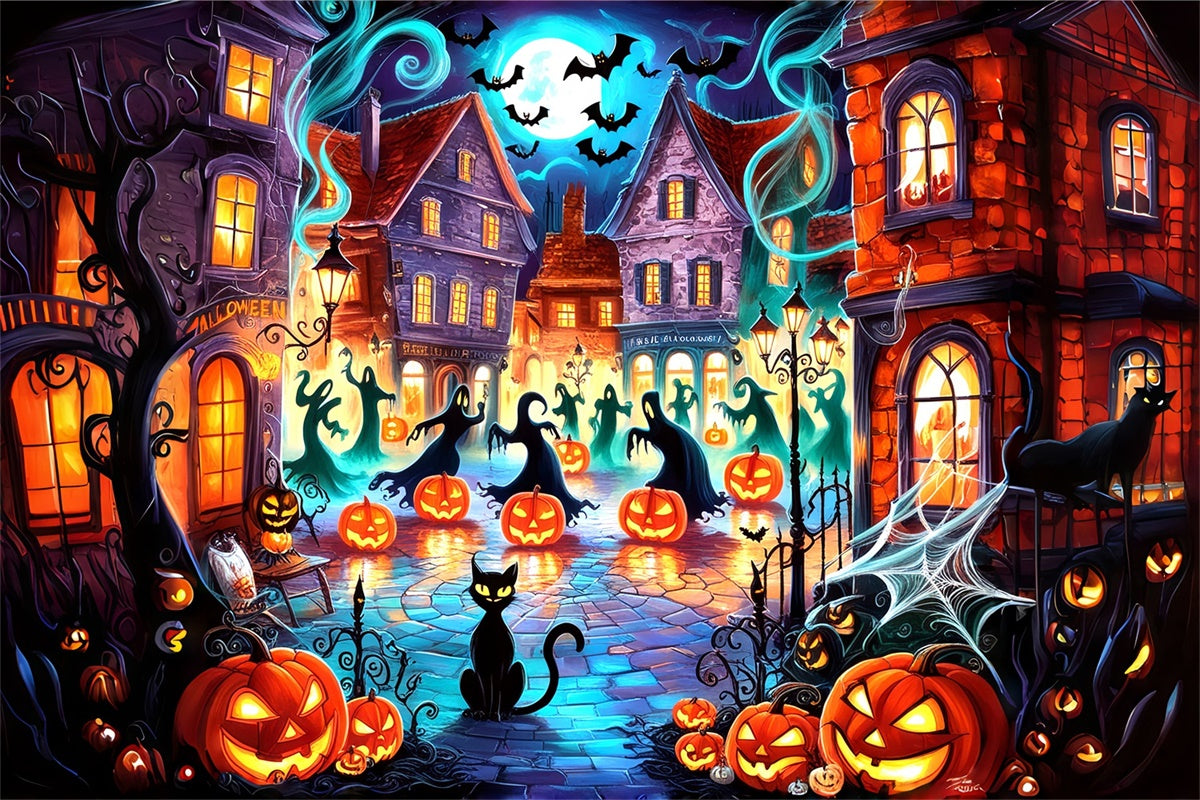 Toile de Fond Esprits et Citrouilles en Ville d'Halloween BRP8-181