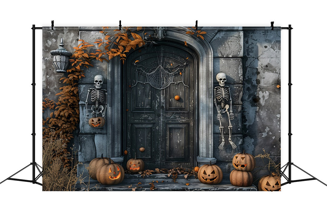 Toile de Fond Sentinelles Squelettes et Porte avec Citrouille d'Halloween BRP8-196