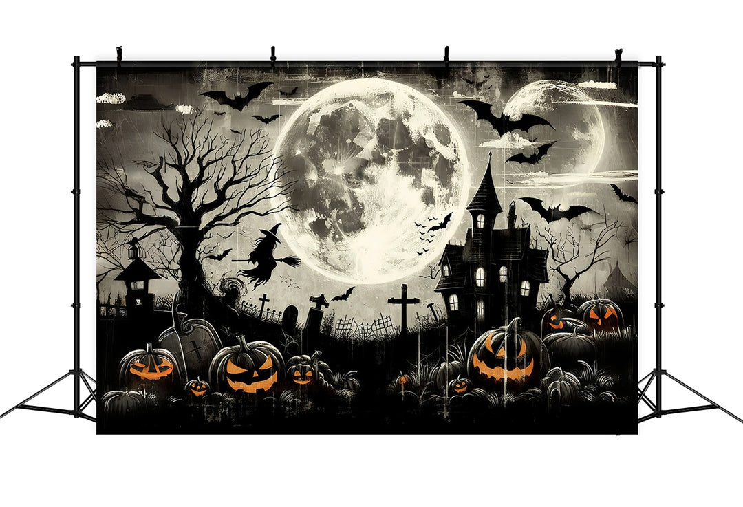 Toile de Fond Cimetière Effrayant avec Sorcière Volante d'Halloween BRP8-197