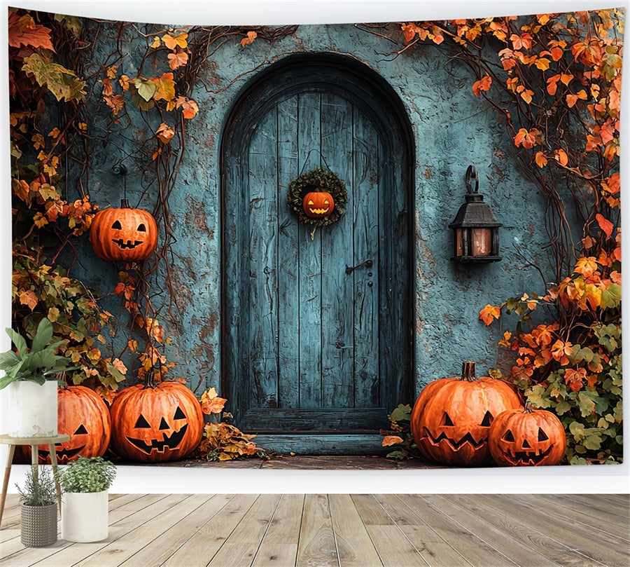 Toile de Fond Porte d'Halloween avec Citrouilles et Lianes BRP8-198