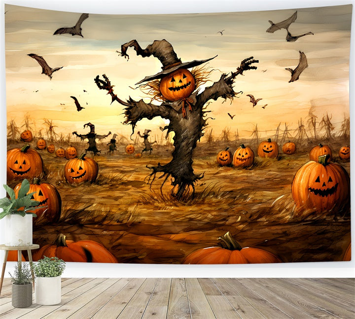 Toile de fond Épouvantail effrayant d'Halloween dans un champ de citrouilles BRP8-202