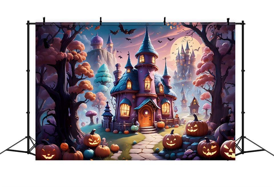 Toile de fond Manoir de la sorcière mystique d'Halloween avec citrouilles BRP8-208