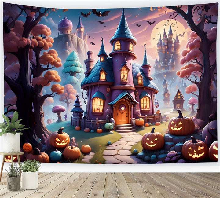 Toile de fond Manoir de la sorcière mystique d'Halloween avec citrouilles BRP8-208