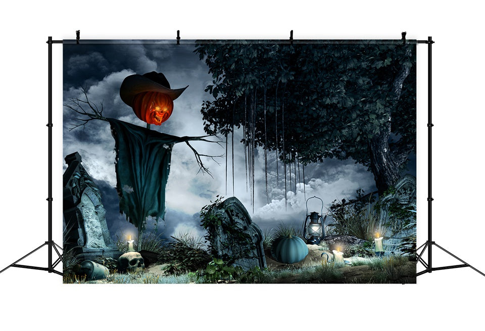 Toile de fond Épouvantail à tête de citrouille dans un cimetière d'Halloween BRP8-217