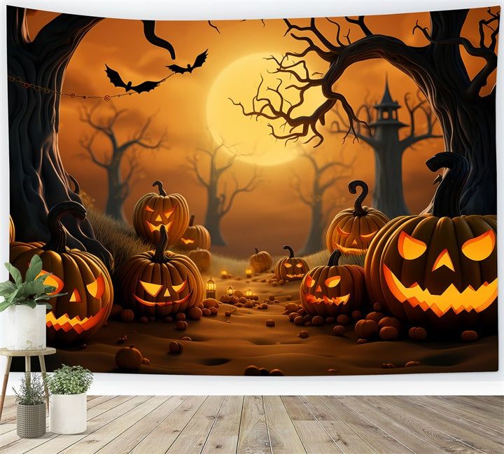 Toile de fond Forêt de citrouilles effrayante sous la lune d'Halloween BRP8-221