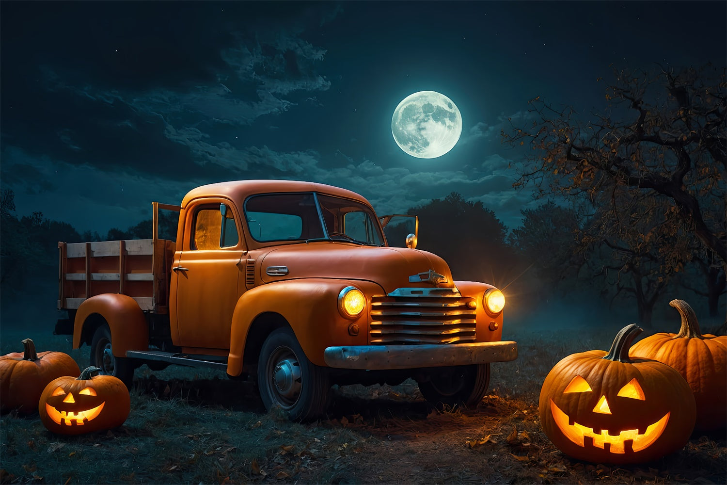 Toile de fond Camion et citrouilles dans la forêt d'Halloween BRP8-222