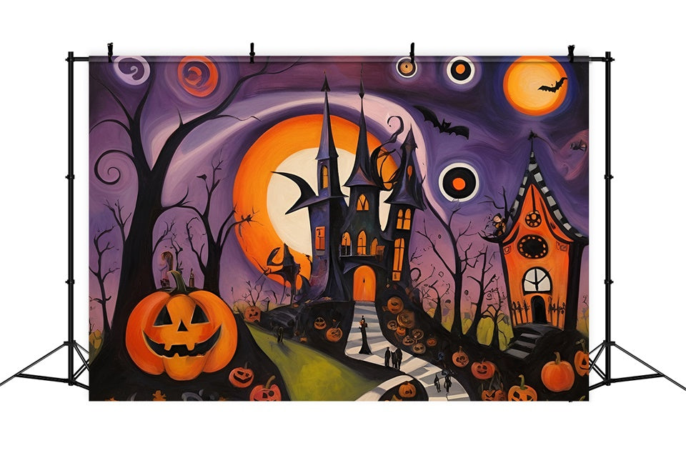 Toile de fond Château abstrait d'Halloween et chemin bordé de citrouilles BRP8-223