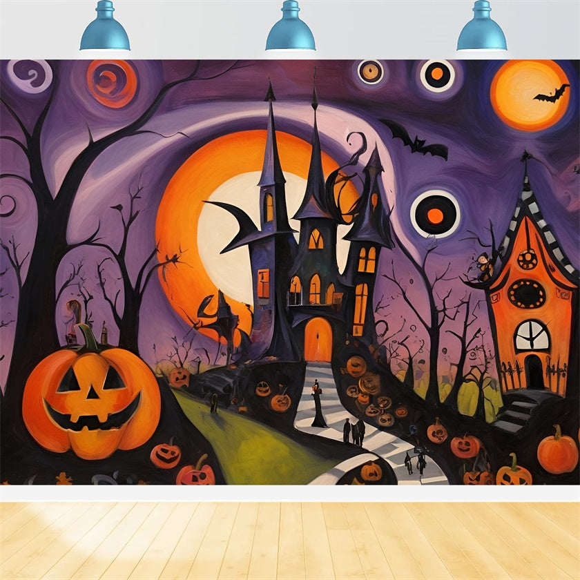 Toile de fond Château abstrait d'Halloween et chemin bordé de citrouilles BRP8-223