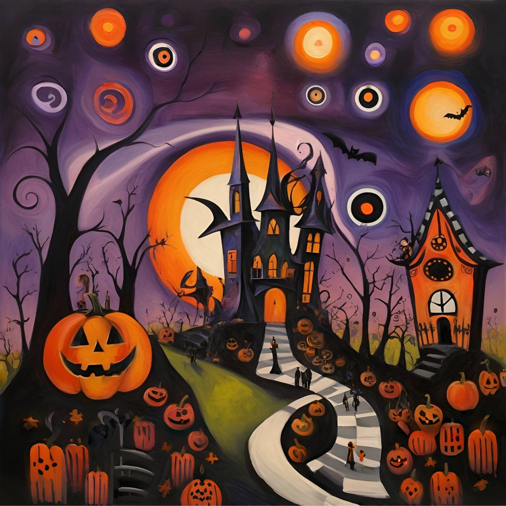 Toile de fond Château abstrait d'Halloween et chemin bordé de citrouilles BRP8-223