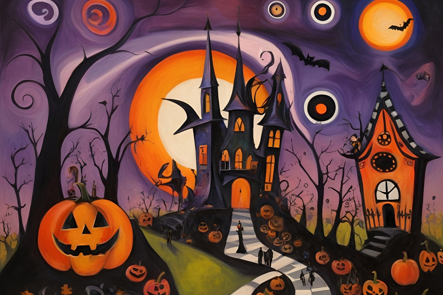 Toile de fond Château abstrait d'Halloween et chemin bordé de citrouilles BRP8-223