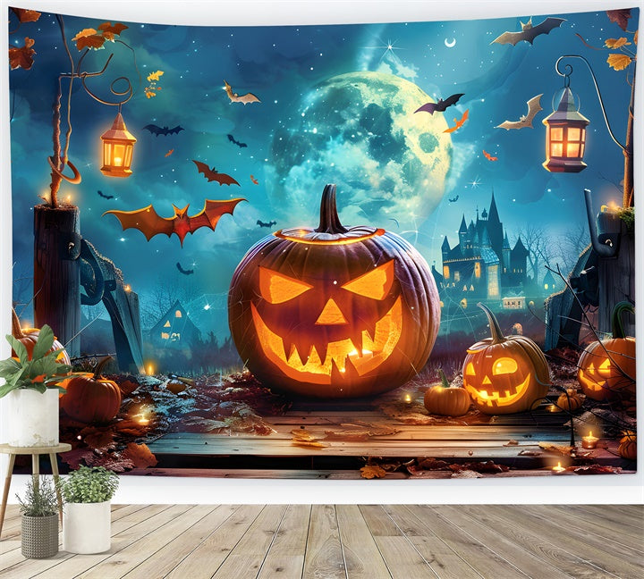 Toile de fond Nuit effrayante avec lanternes et chauves-souris d'Halloween BRP8-225