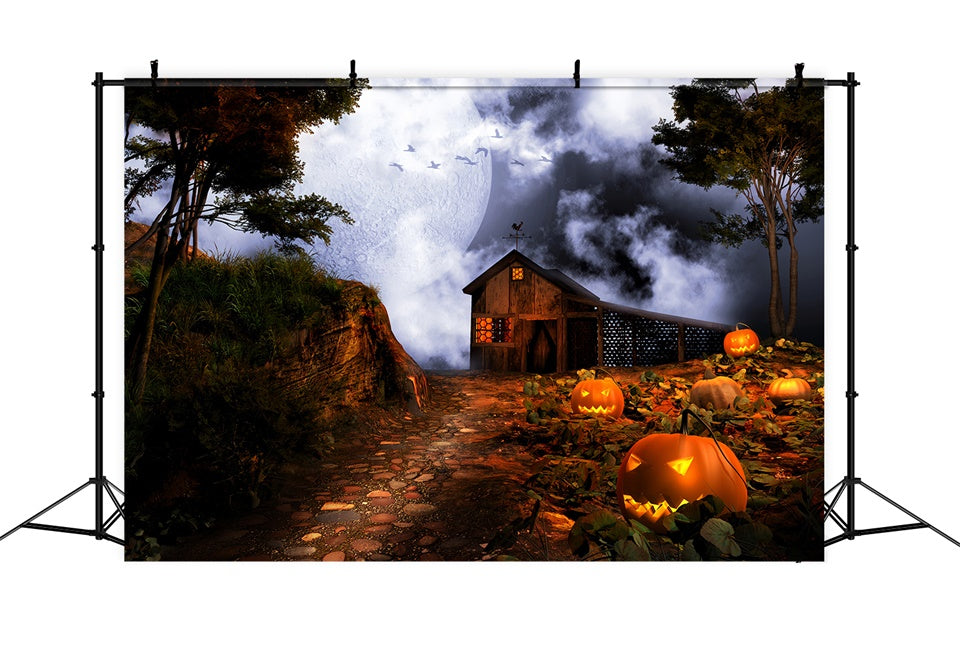 Toile de fond Ferme effrayante sous la pleine lune d'Halloween BRP8-235