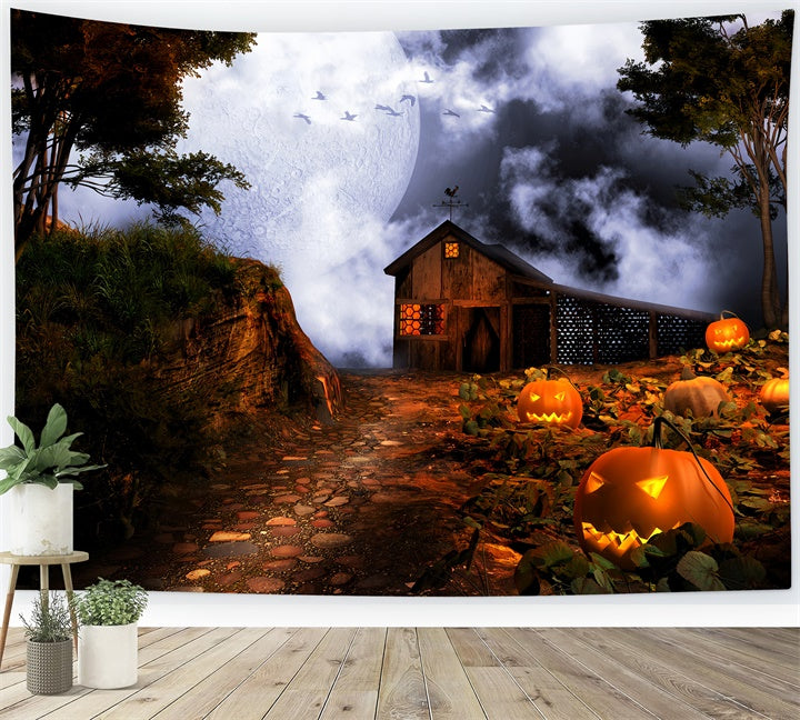 Toile de fond Ferme effrayante sous la pleine lune d'Halloween BRP8-235