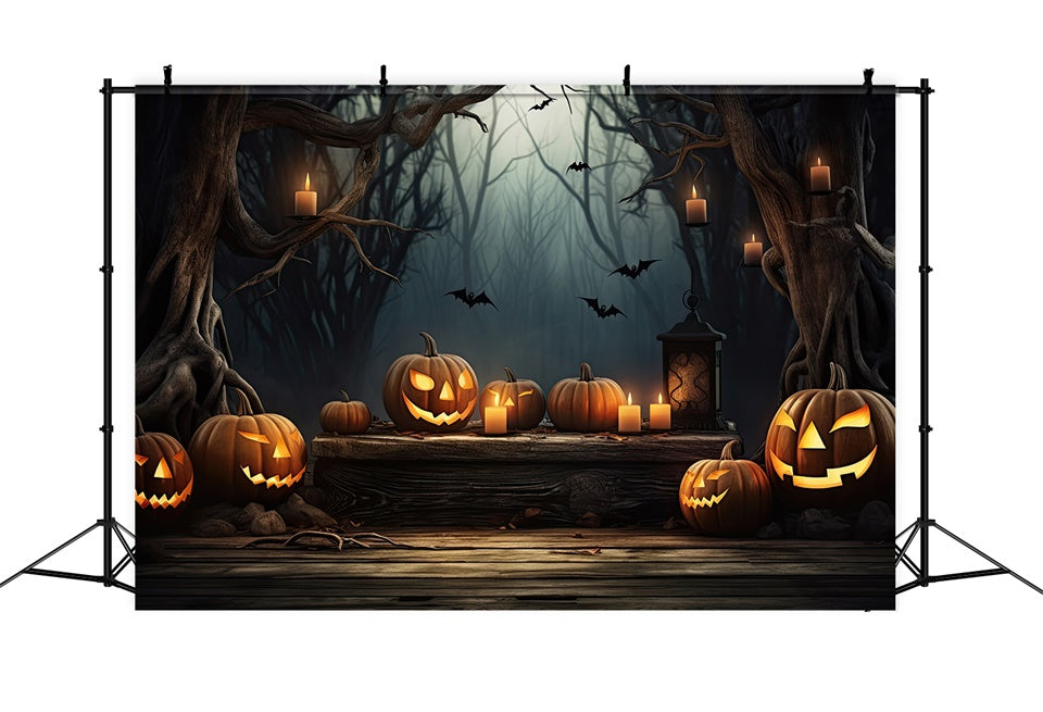 Toile de fond Forêt hantée d'Halloween avec citrouilles lumineuses BRP8-236