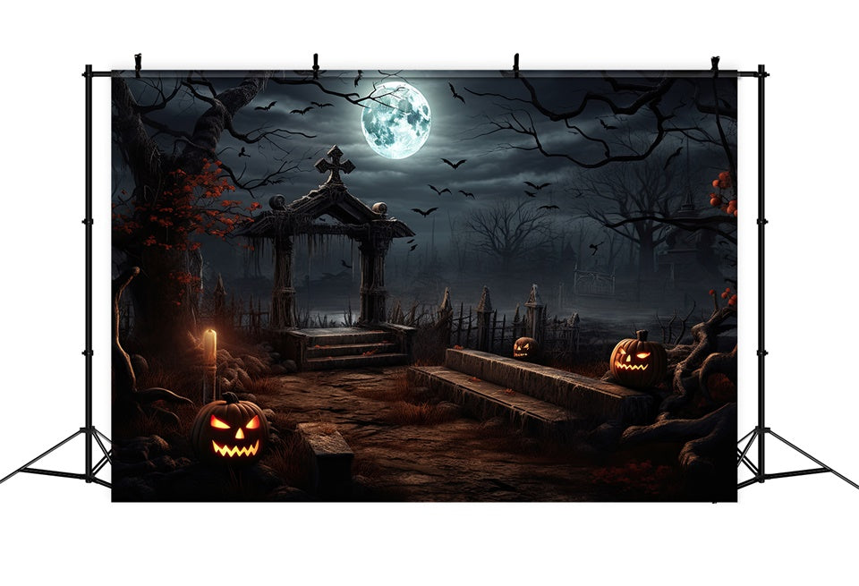 Toile de fond Cimetière effrayant d'Halloween avec citrouilles lumineuses BRP8-237