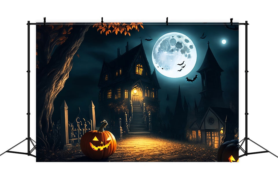 Toile de fond Manoir sinistre sous la pleine lune d'Halloween BRP8-250