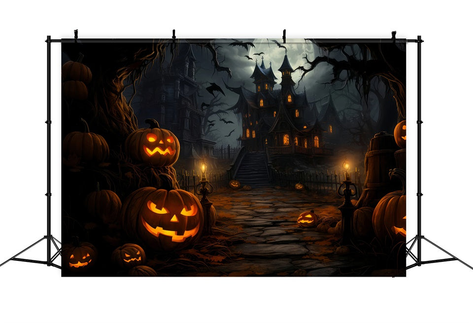 Toile de fond Maison hantée et chauves-souris sous la nuit d'Halloween BRP8-253