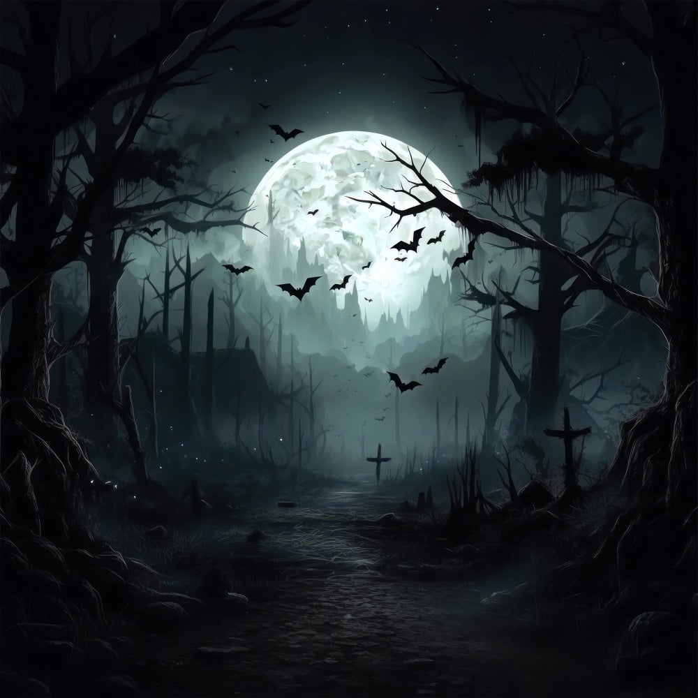 Toile de fond Forêt effrayante d'Halloween sous la pleine lune BRP8-258