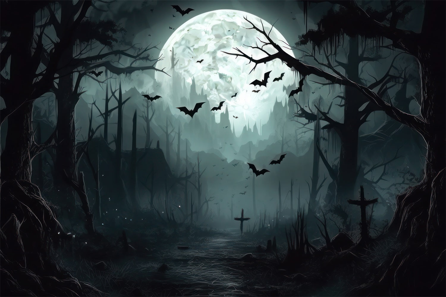 Toile de fond Forêt effrayante d'Halloween sous la pleine lune BRP8-258