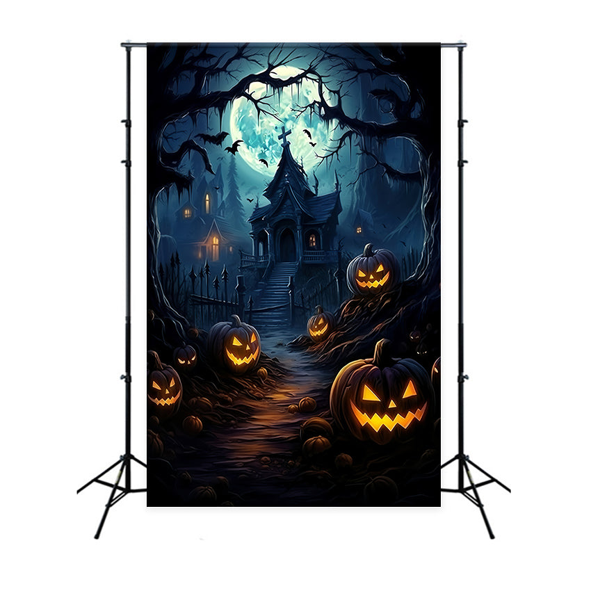 Toile de fond Manoir effrayant avec lanternes citrouilles d'Halloween BRP8-266