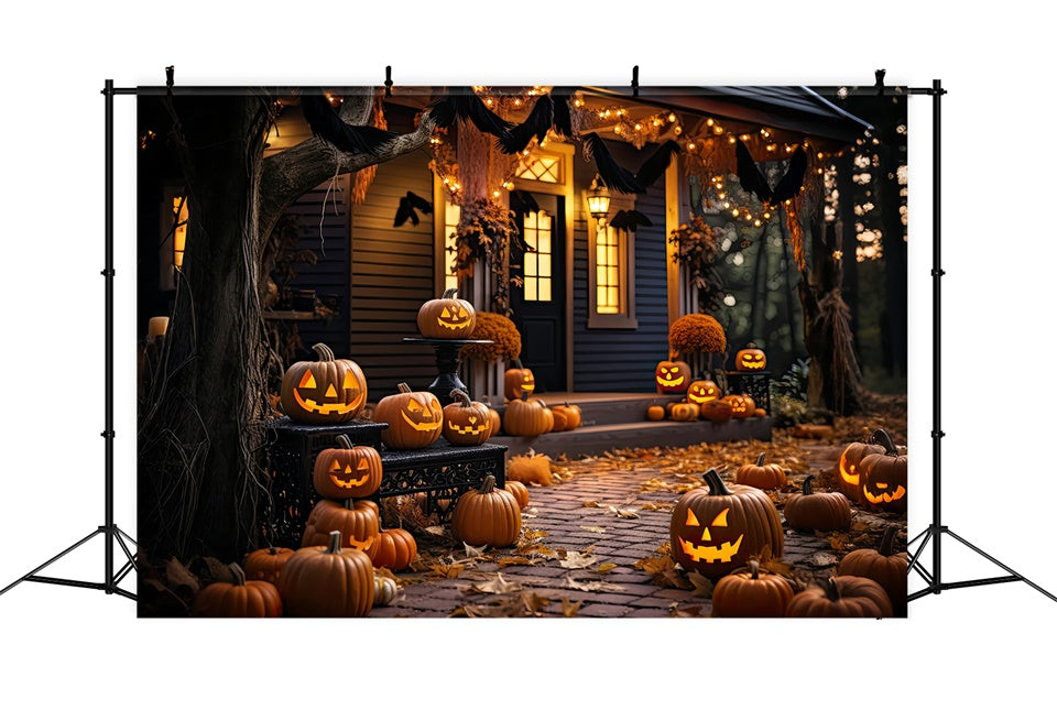 Toile de fond Maison en bois illuminée par des citrouilles d'Halloween BRP8-268