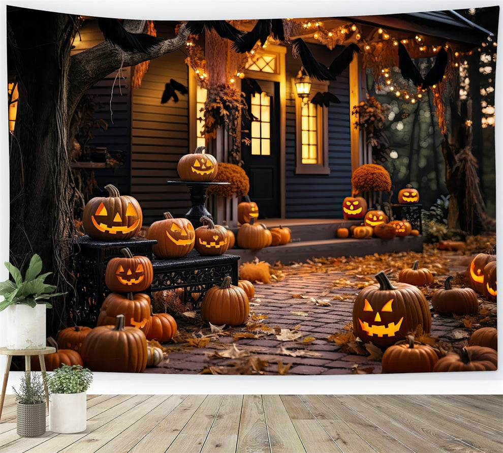 Toile de fond Maison en bois illuminée par des citrouilles d'Halloween BRP8-268