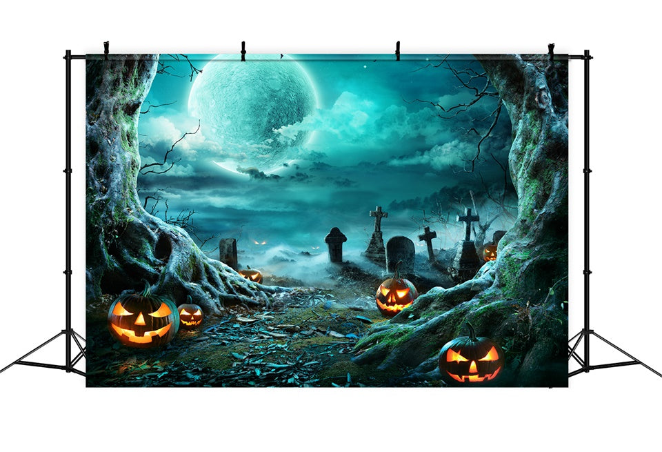 Toile de fond Citrouille effrayante et cimetière sous la lune d'Halloween BRP8-271