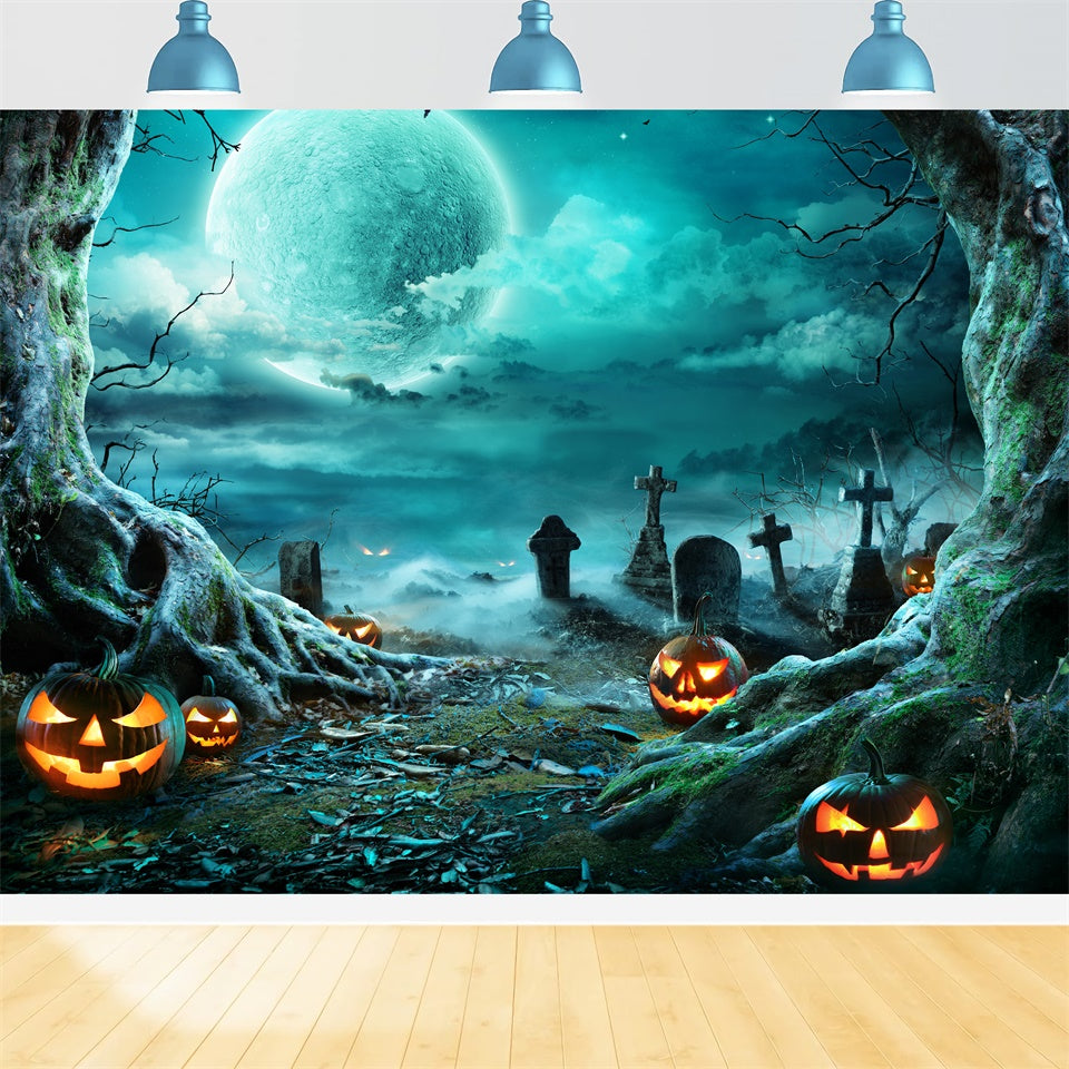 Toile de fond Citrouille effrayante et cimetière sous la lune d'Halloween BRP8-271