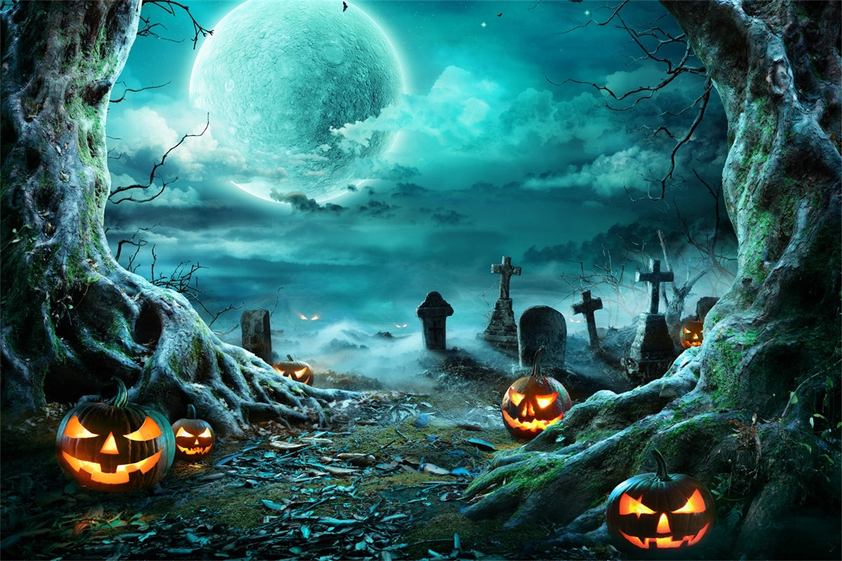 Toile de fond Citrouille effrayante et cimetière sous la lune d'Halloween BRP8-271