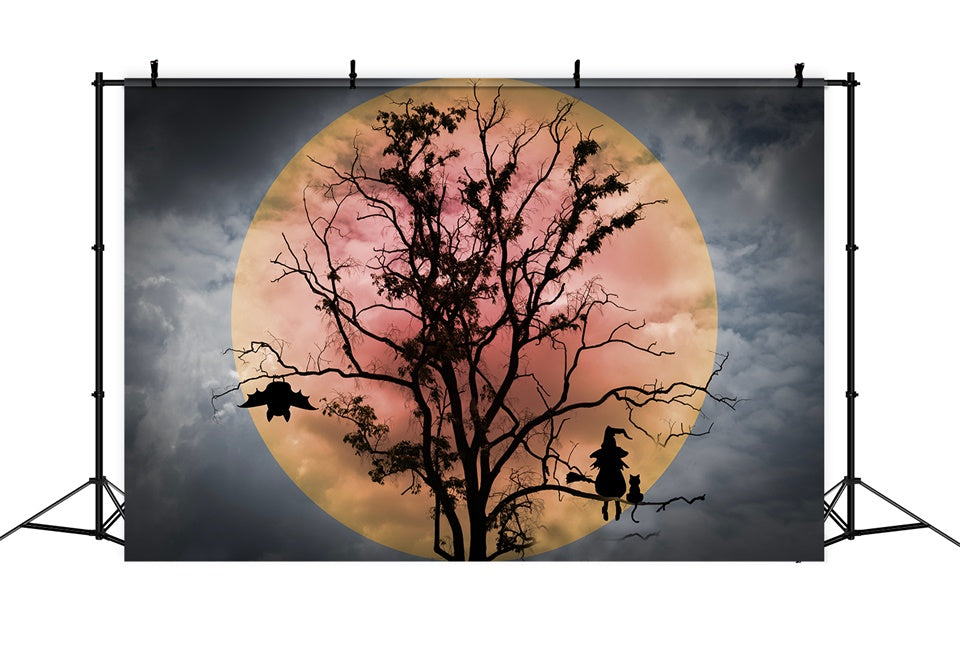 Toile de fond Sorcière d'Halloween et chauves-souris sous la lune rouge BRP8-275