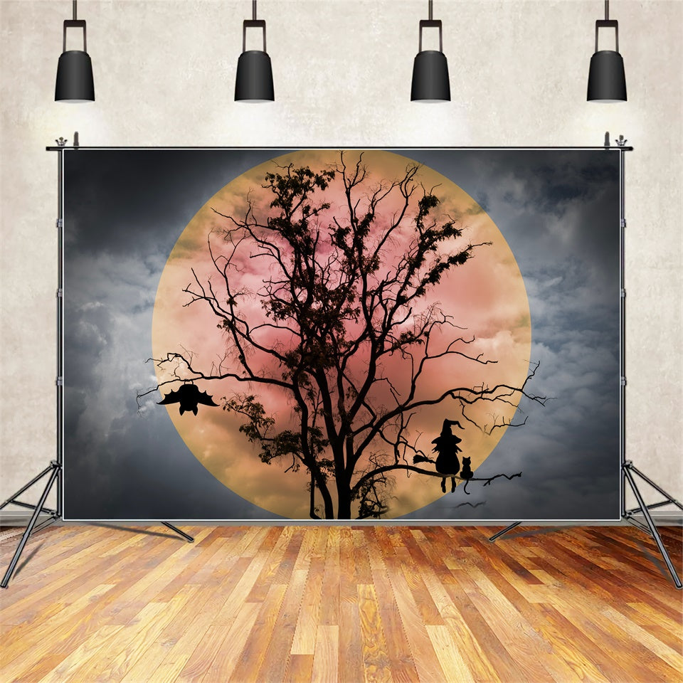 Toile de fond Sorcière d'Halloween et chauves-souris sous la lune rouge BRP8-275