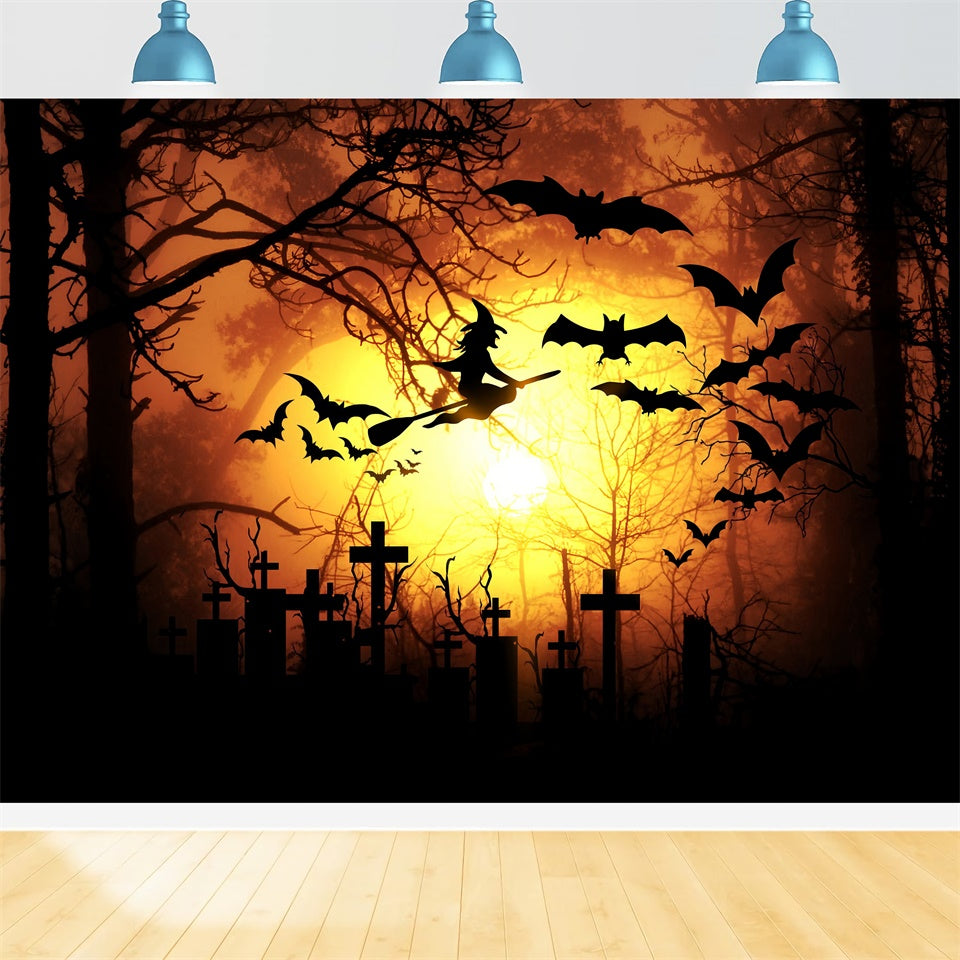 Toile de fond Sorcière d'Halloween et chauves-souris sous la lune orange BRP8-276