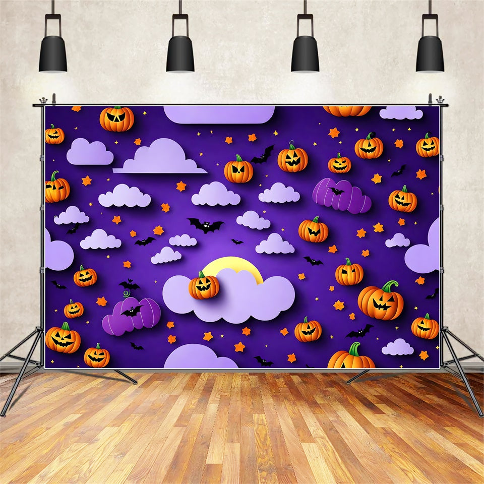 Toile de fond Citrouilles et chauves-souris sous ciel violet d'Halloween BRP8-330