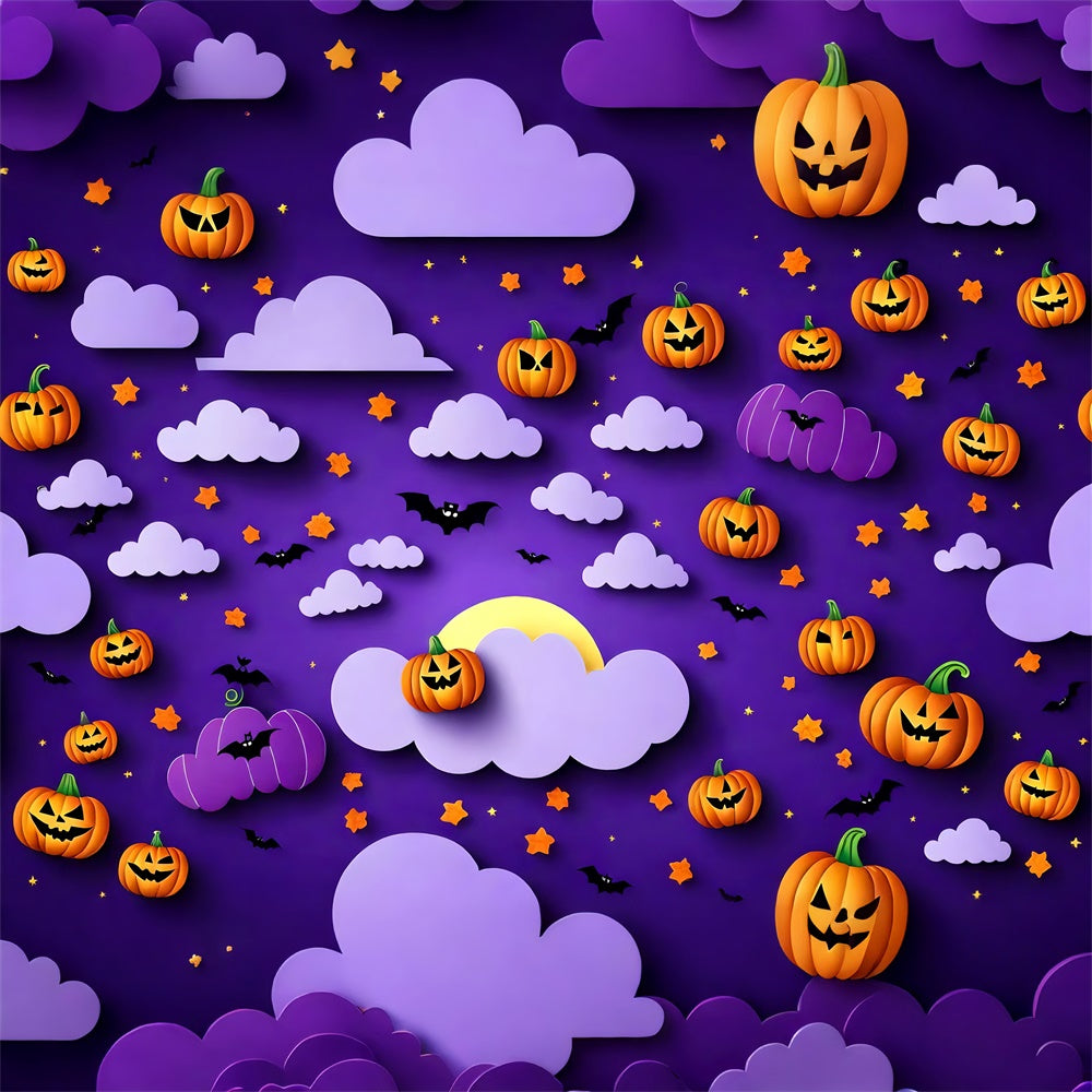 Toile de fond Citrouilles et chauves-souris sous ciel violet d'Halloween BRP8-330