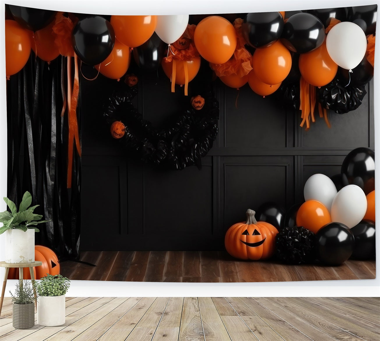 Toile de fond Arche de ballons orange et noir d'Halloween BRP8-333