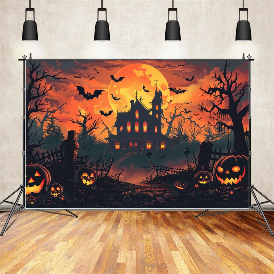 Toile de fond Maison effrayante sous la pleine lune d'Halloween BRP8-342