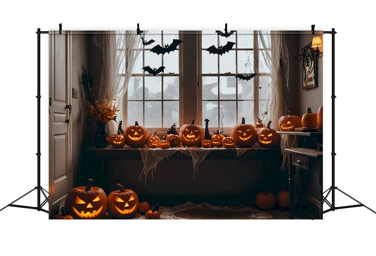 Toile de fond Chauves-souris Citrouilles sous une scène de fenêtre d'Halloween BRP8-345