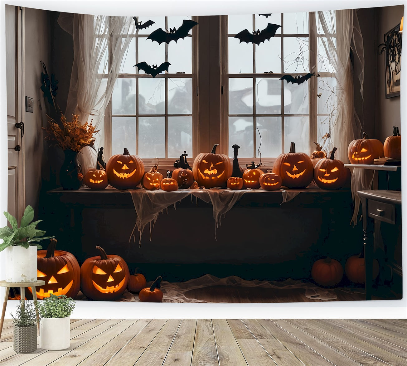 Toile de fond Chauves-souris Citrouilles sous une scène de fenêtre d'Halloween BRP8-345