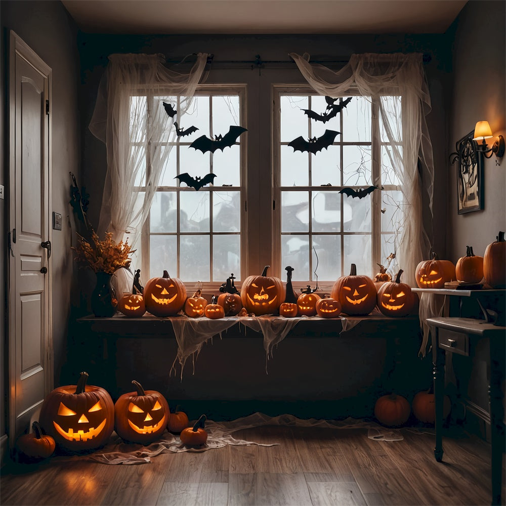 Toile de fond Chauves-souris Citrouilles sous une scène de fenêtre d'Halloween BRP8-345