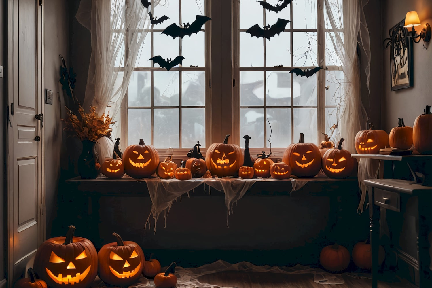 Toile de fond Chauves-souris Citrouilles sous une scène de fenêtre d'Halloween BRP8-345