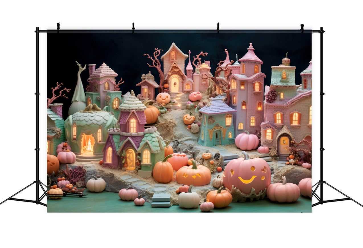 Toile de fond Village hanté coloré avec décorations d'Halloween BRP8-346