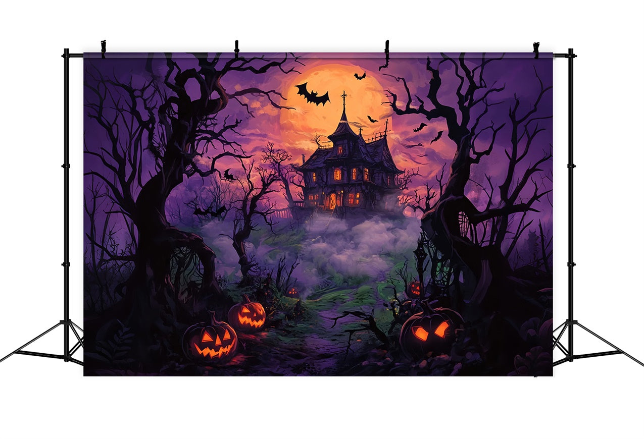 Toile de fond Manoir hanté sous une nuit brumeuse d'Halloween BRP8-348