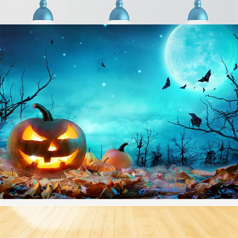 Toile de fond Scène d'Halloween sous la lune bleue avec citrouilles BRP8-352