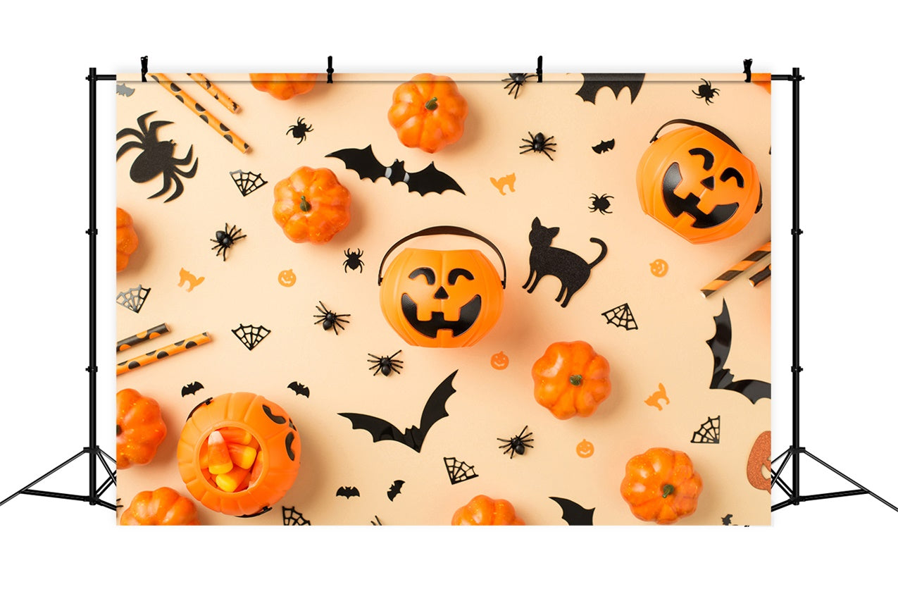 Toile de fond Mignons visages de citrouilles sur fond orange d'Halloween BRP8-356