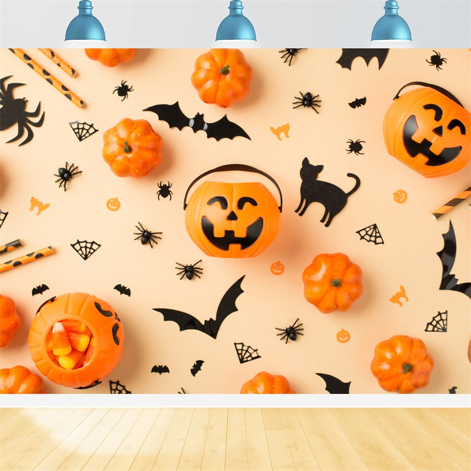 Toile de fond Mignons visages de citrouilles sur fond orange d'Halloween BRP8-356