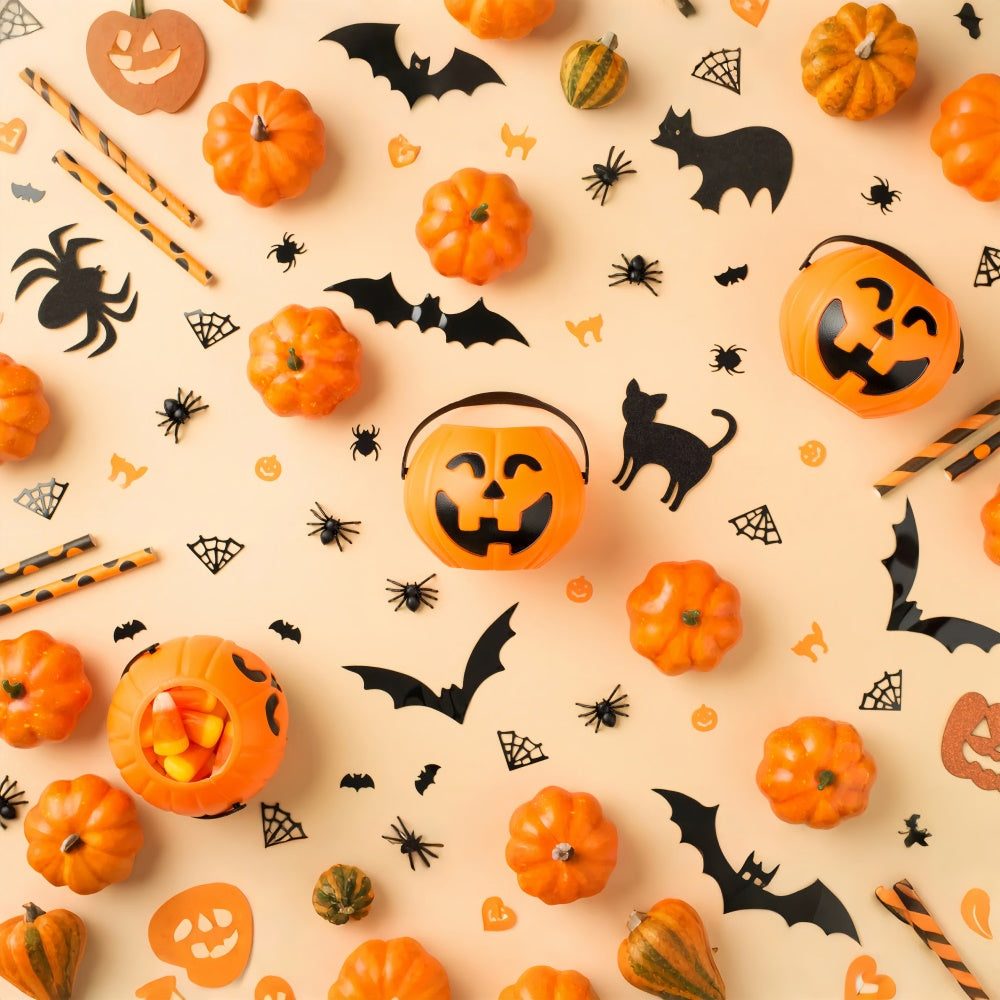 Toile de fond Mignons visages de citrouilles sur fond orange d'Halloween BRP8-356