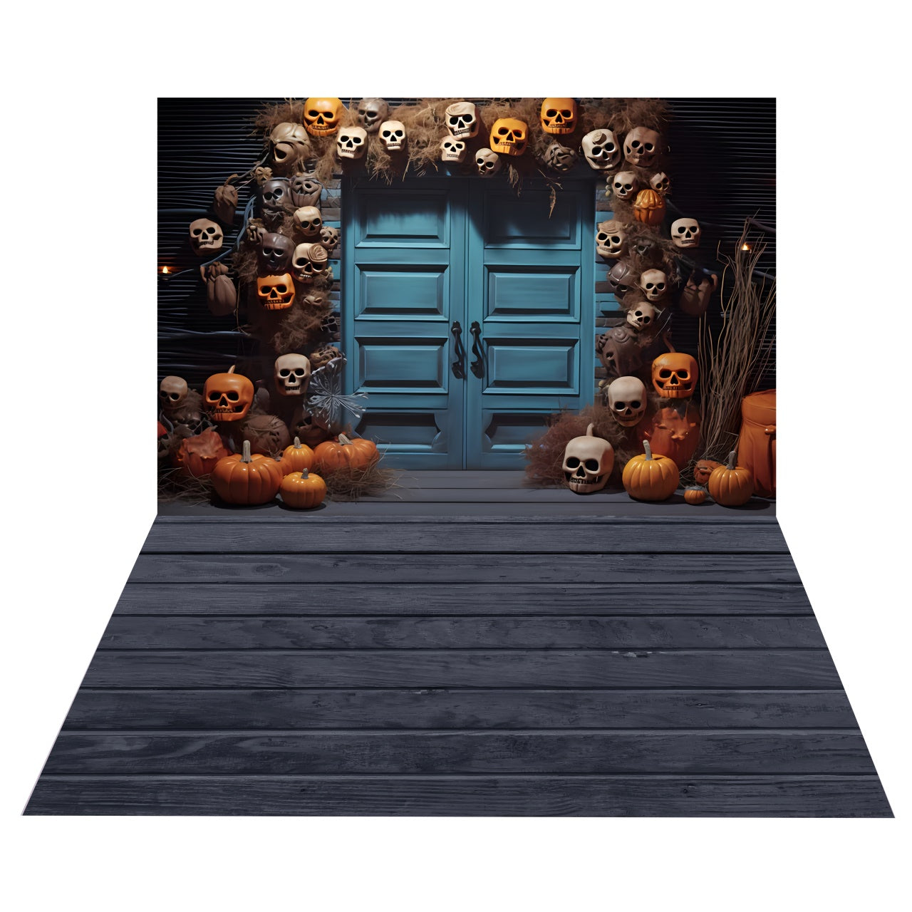 Toile de Fond Porte d'Halloween avec Citrouille Crâne + Sol en Bois BRP8-380